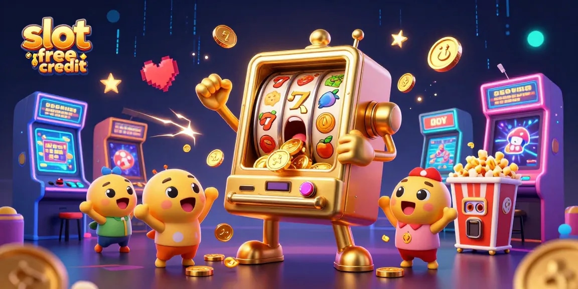 Experience the excitement of slot free credit with a golden slot machine celebrating a jackpot alongside cheering companions.
