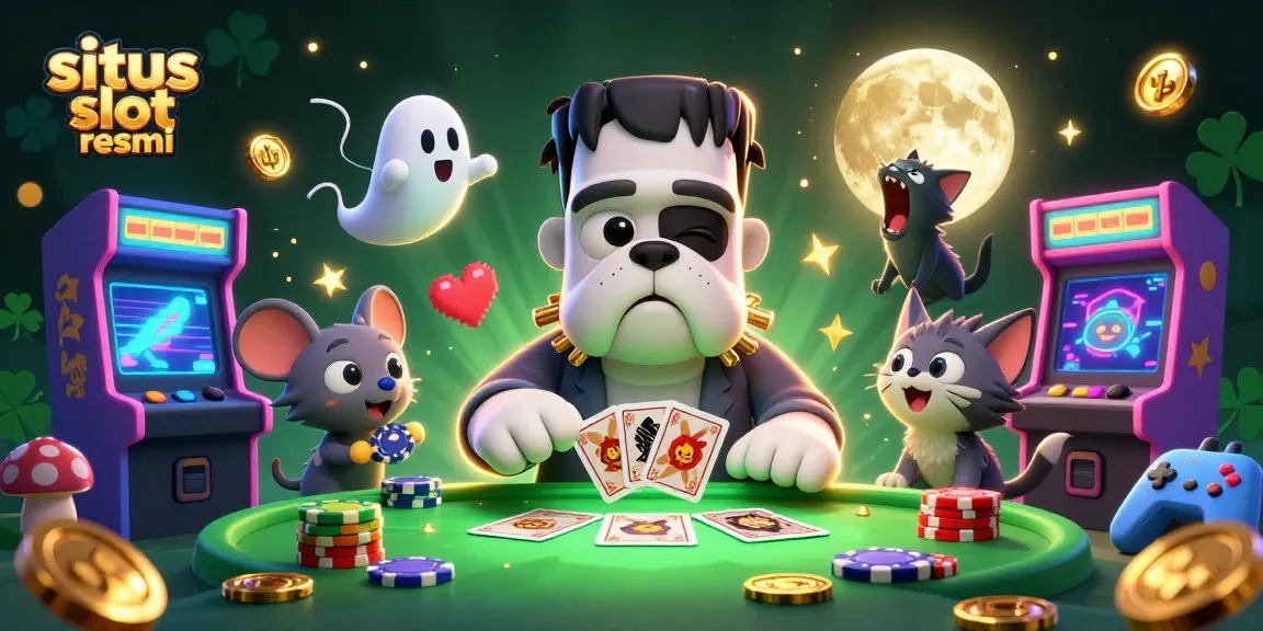 Engage with situs slot resmi as the Frankenstein bulldog monster deals cards at a green-lit casino table, surrounded by dynamic game elements.