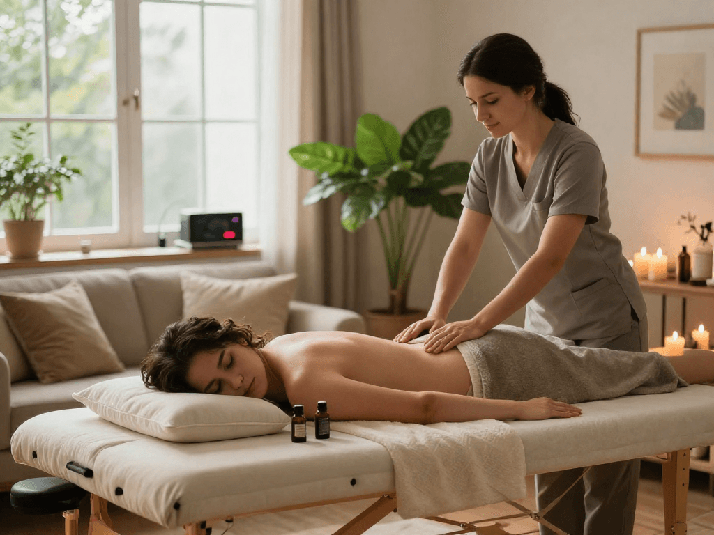 길동출장마사지 session in a cozy home setting with soothing elements.