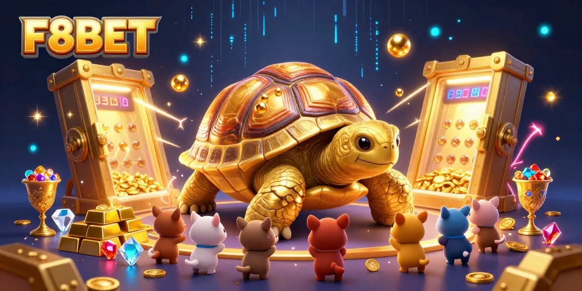 Excited animals play among F8BET’s magical casino treasures with golden tortoise pinball machines.