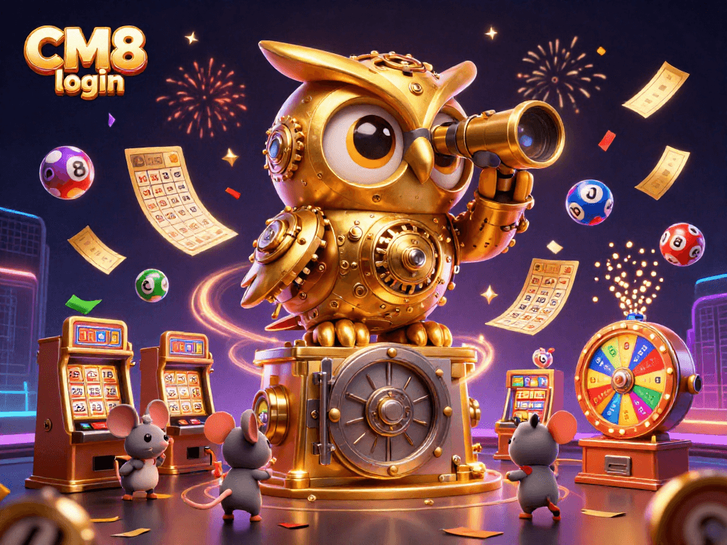 Experience the excitement of CM8 login with a dynamic casino scene featuring a golden owl and thrilling games.