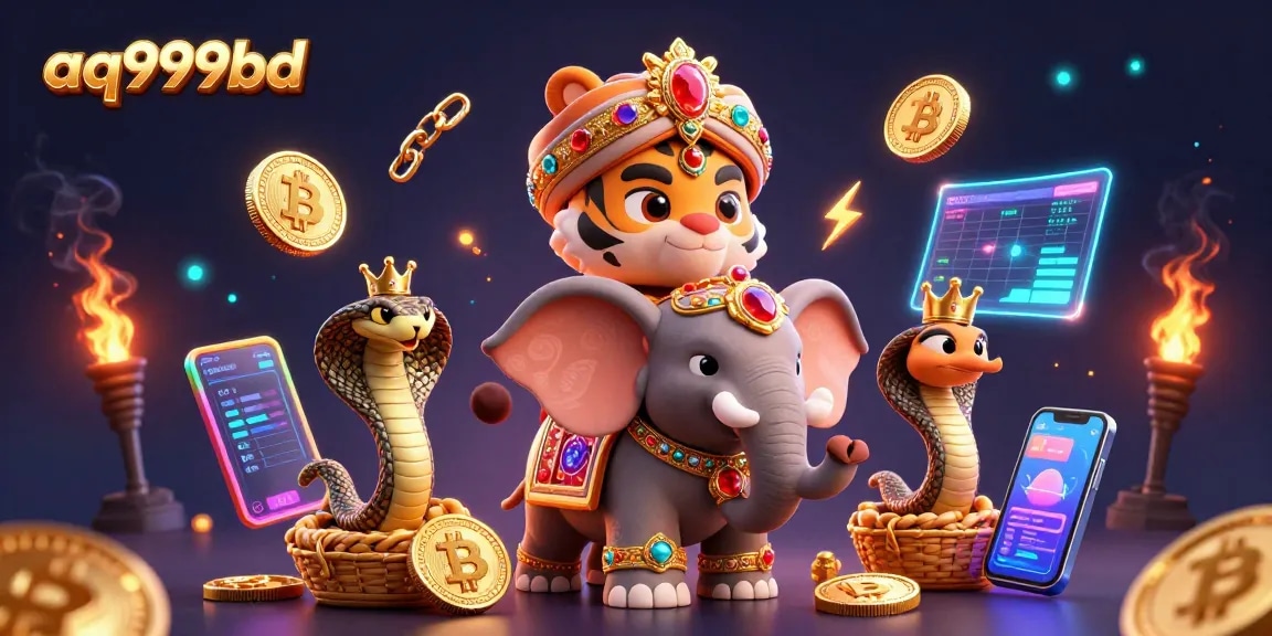Engage in thrilling games at aq999bd with a vibrant casino scene featuring a majestic maharaja and glowing crypto elements.