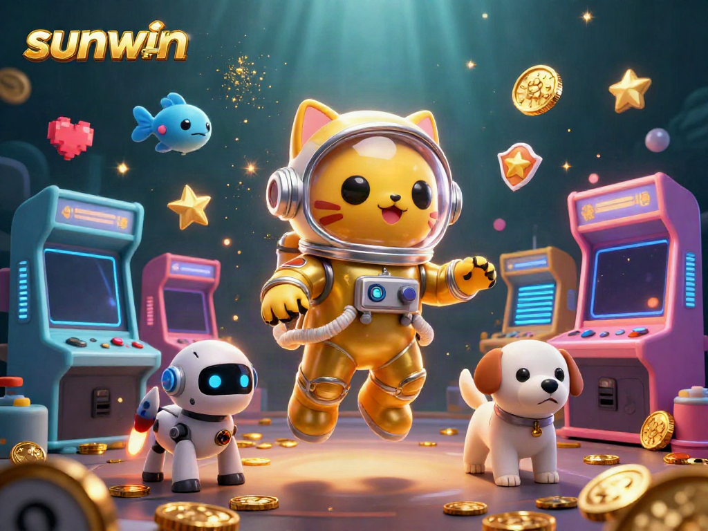Engage with sunwin chính thức in this vibrant 3D portrayal of an astronaut cat among glowing casino-themed elements.
