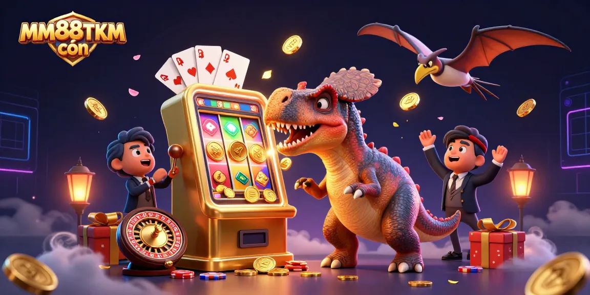 MM88TTKM còn brings thrilling action with a dynamic 3D illustration of casino excitement, featuring a pachycephalosaurus and jackpot.