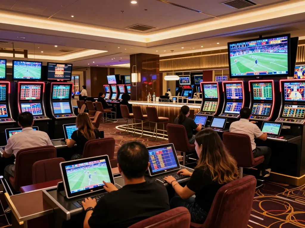 Engaged sports bettors analyzing kèo nhà cái hôm nay on tablets in a luxurious casino.