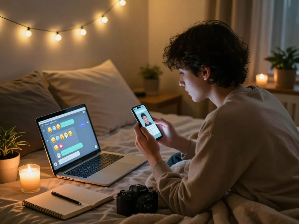 Interactive AI chat nsfw session in an intimate and cozy bedroom setting with warm lighting.