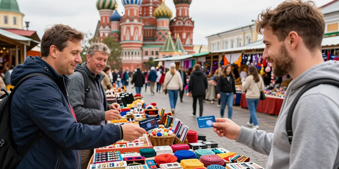 Pengembara menggunakan https://payinrussia.com/ untuk membayar di pasar tempatan yang meriah dengan produk Rusia.
