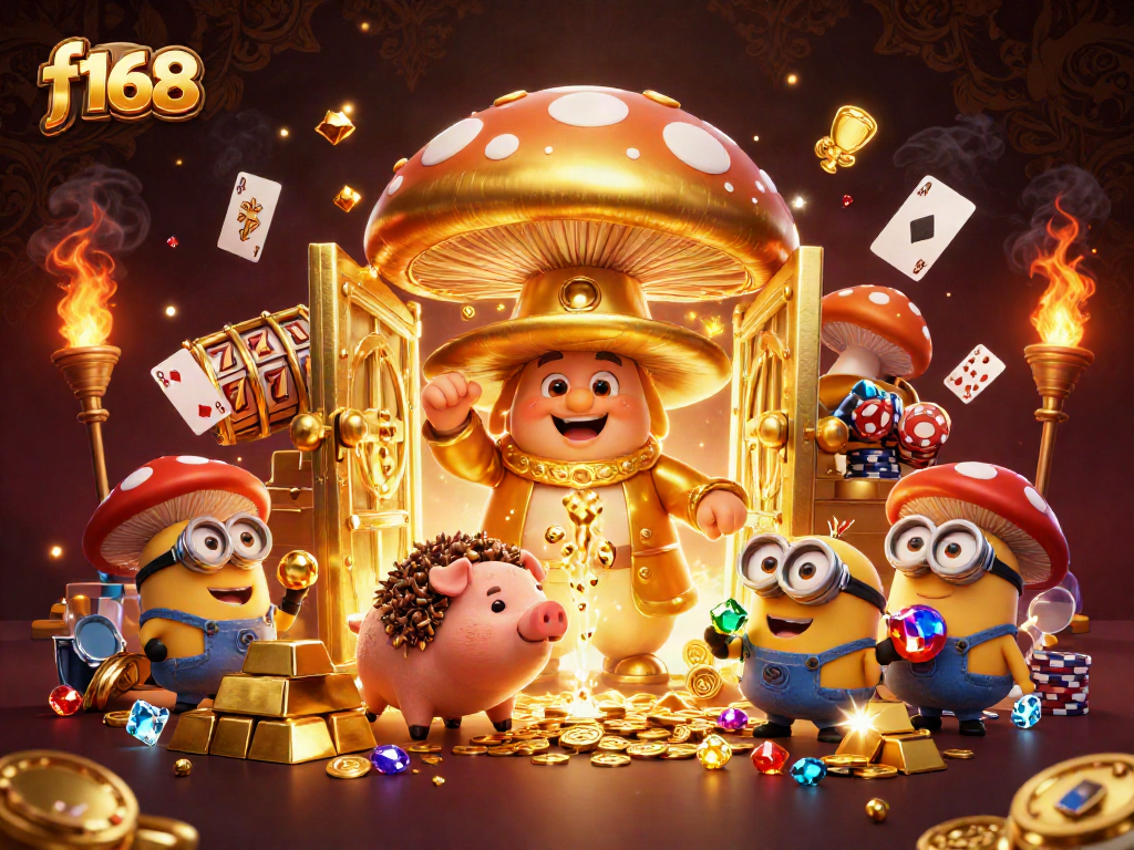 Engage with f168, winning big at a vibrant casino scene filled with treasures and slot symbols.