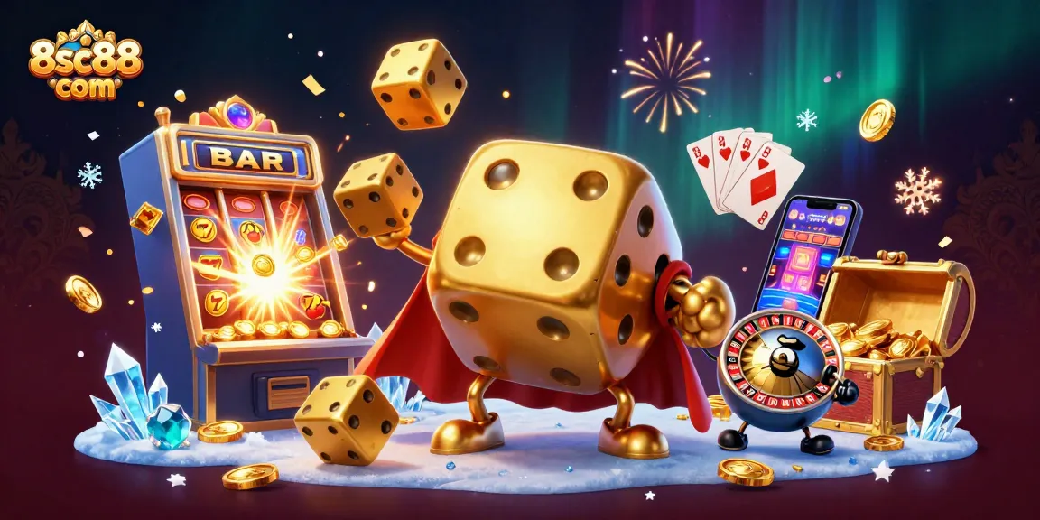 Engage in thrilling gameplay at 8sc88 com with golden dice golem surrounded by casino excitement.