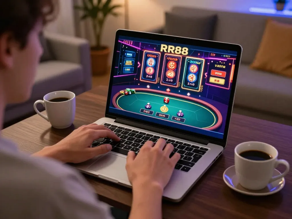 Player engaging with RR88 online casino app on laptop, showcasing vibrant gameplay.