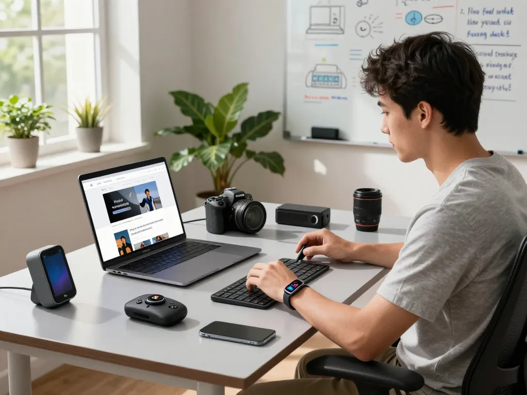 Engaged user demonstrating smart tech gadgets, including Bluetooth devices and a fitness tracker, in a bright, modern workspace.