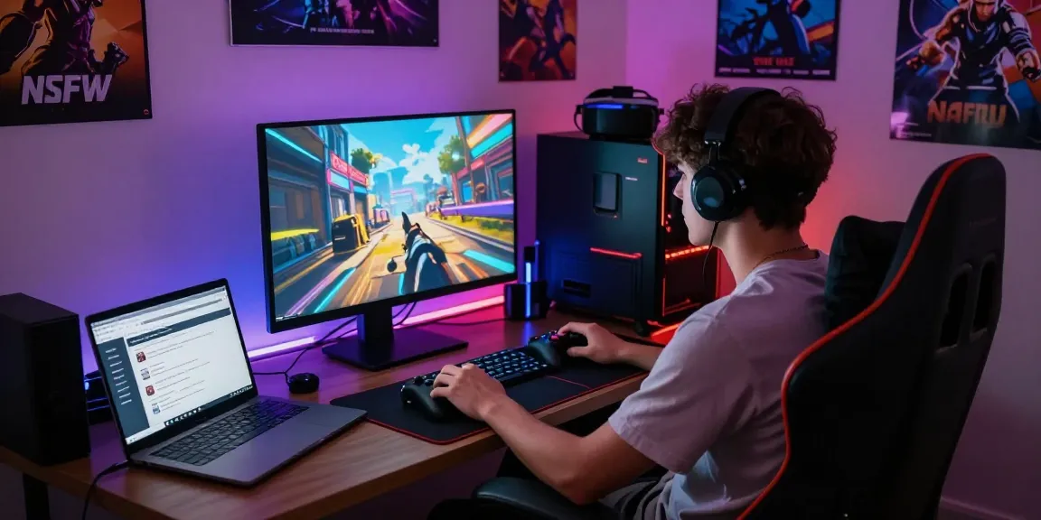 Gamer enjoying an immersive NSFW APK experience with vibrant visuals