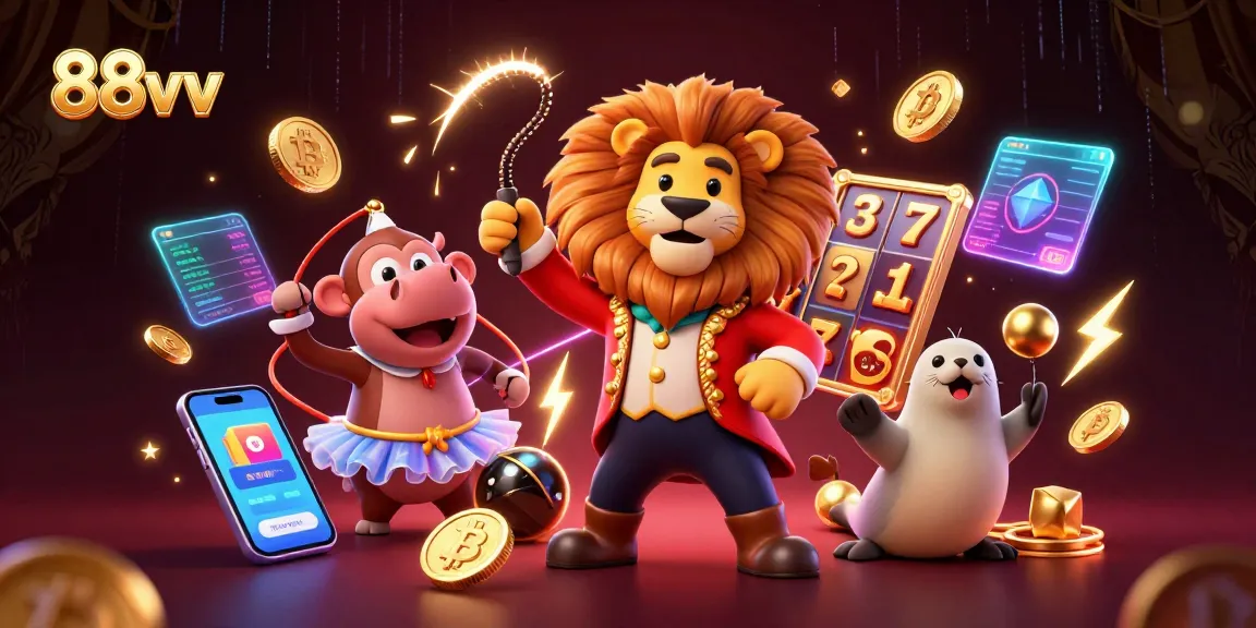 Engage with 88vv's vibrant circus scene featuring a lion, hippo, monkey, and seal amidst animated slot reels.