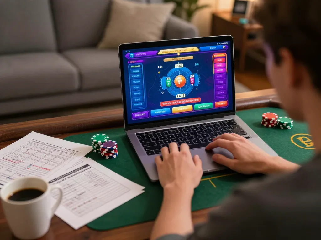 Player engaging with F8BetLV online casino app on laptop, surrounded by notes and warm lighting