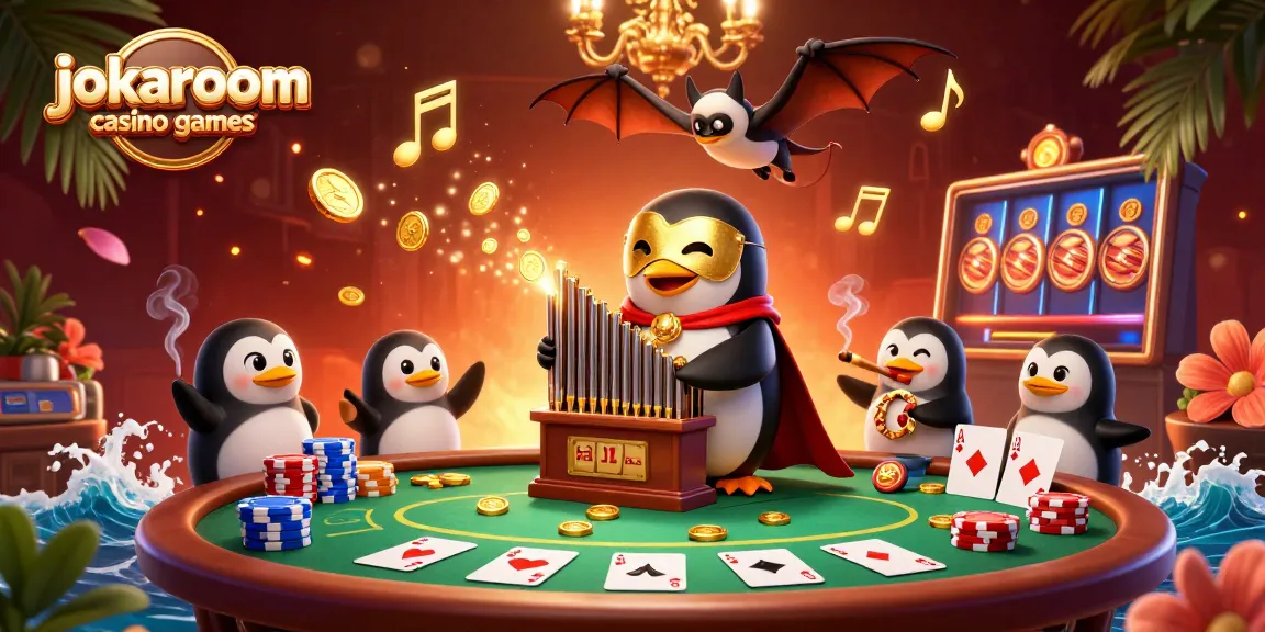 Engaging scene of jokaroom casino games featuring a penguin playing an organ amidst golden coins and poker tables.