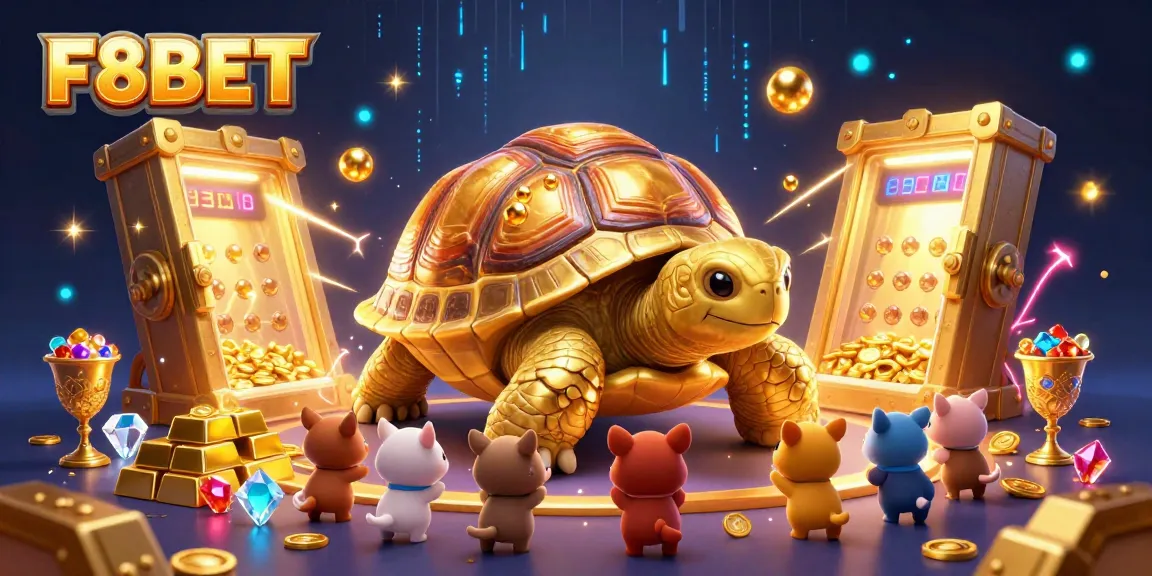 Excited animals play among F8BET’s magical casino treasures with golden tortoise pinball machines.