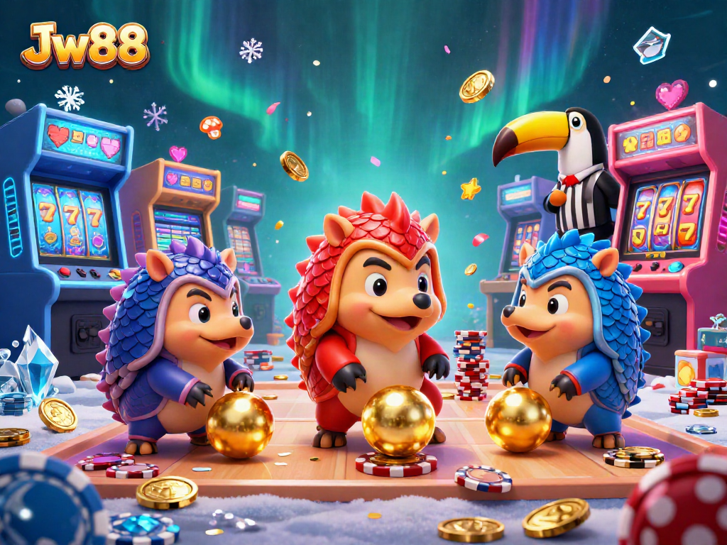 Engage with Jw88 in a dynamic casino scene featuring rival pangolins and vibrant game elements.
