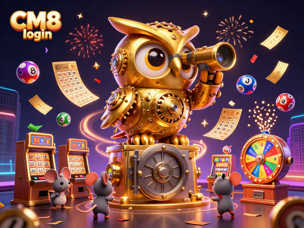 Experience the excitement of CM8 login with a dynamic casino scene featuring a golden owl and thrilling games.