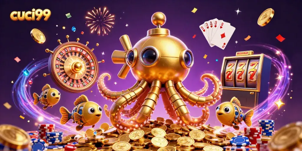 Join the excitement at cuci99 with dynamic 3D casino elements showcasing golden riches and vibrant celebrations.
