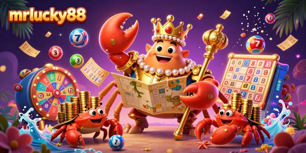 Win big with mrlucky88 in a vibrant 3D illustration featuring a golden crab emperor amidst colorful slot games and lottery elements.