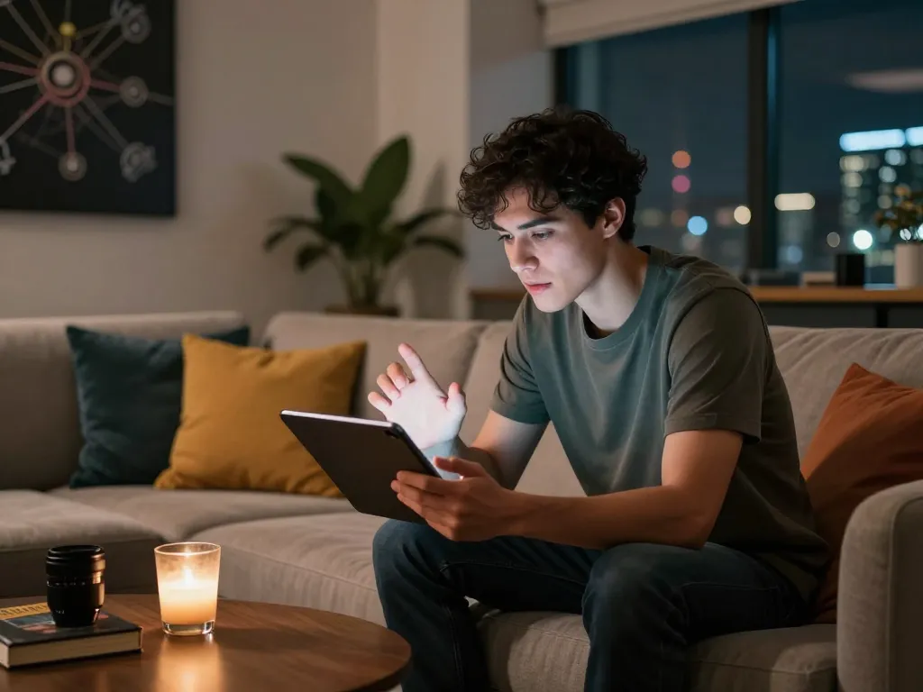 An engaging AI sex chat scene showing a person interacting with a virtual companion in a cozy lounge.