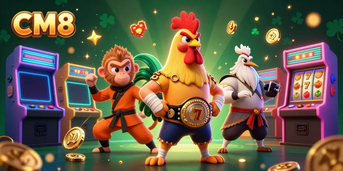 CM8 vibrant gaming scene showcasing a Muay Thai rooster, Shaolin monkey, and crane master in an arcade-filled casino setting.