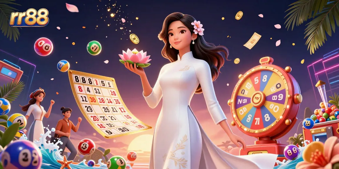 rr88 showcases an elegant Asian woman holding a lotus and coin, surrounded by dynamic gaming elements.
