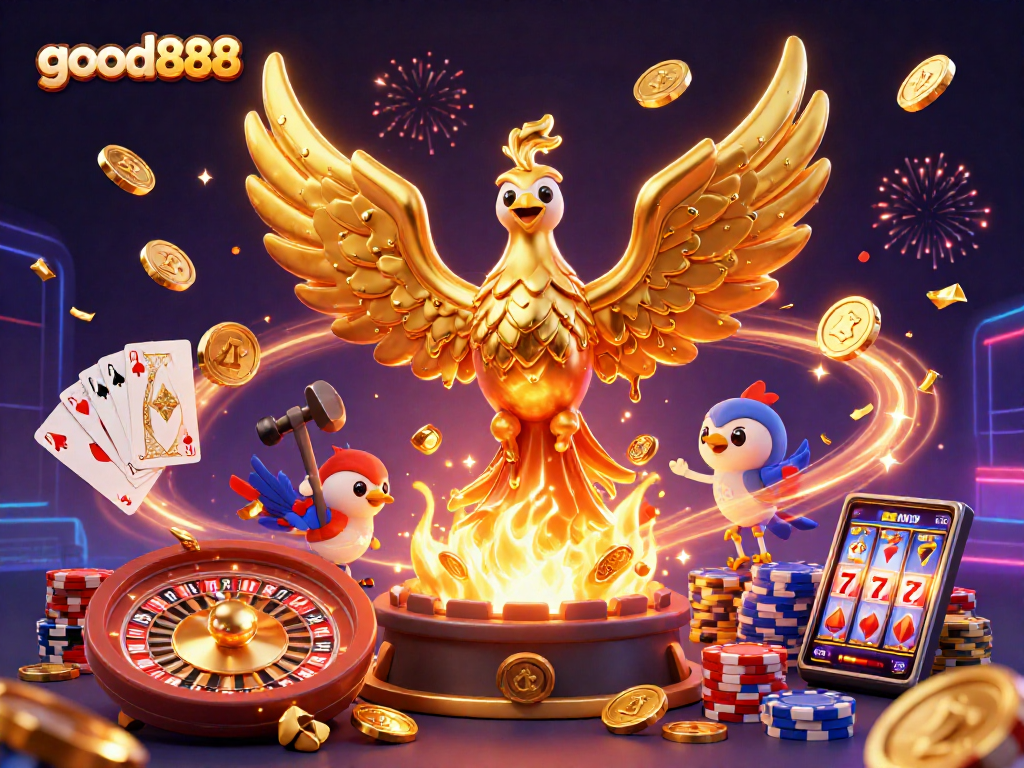 Experience exhilarating wins at good888 with dynamic casino illustrations showcasing golden phoenix and gaming elements.