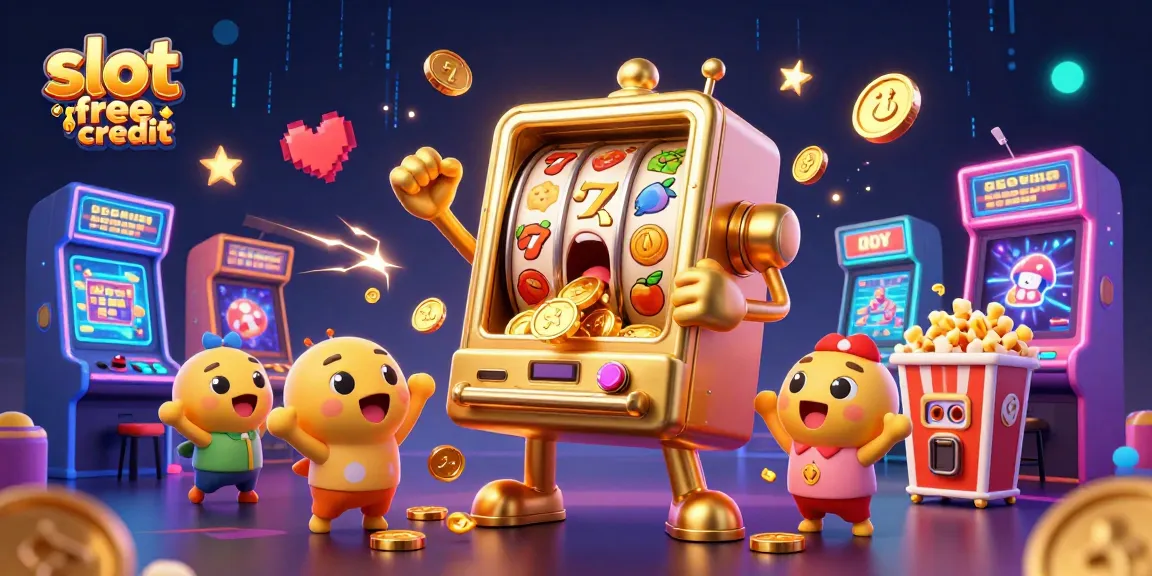 Experience the excitement of slot free credit with a golden slot machine celebrating a jackpot alongside cheering companions.