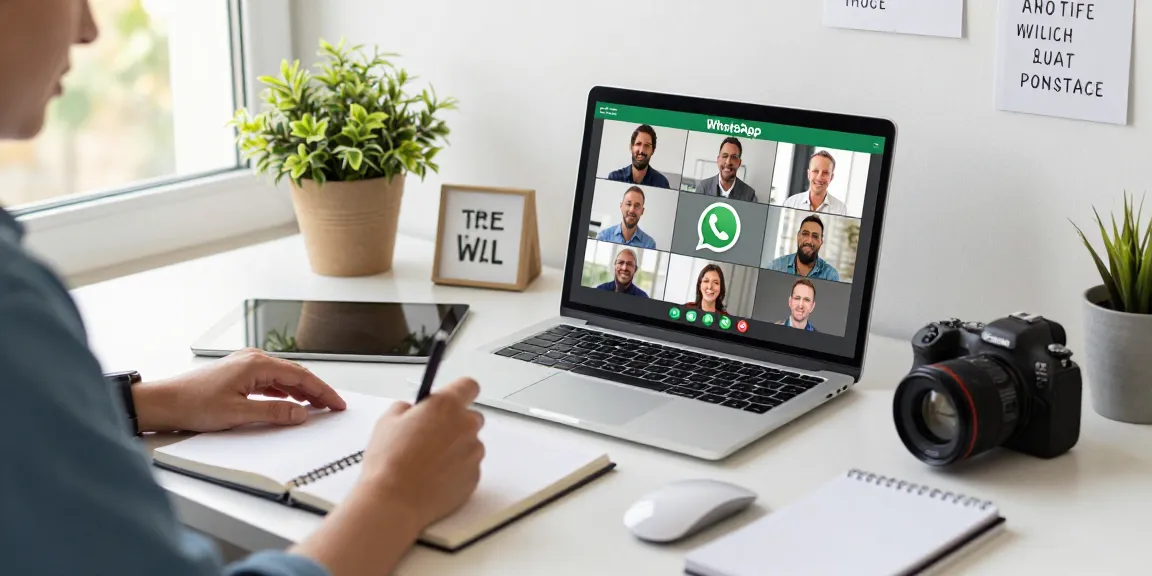 Using WhatsApp電腦版 on a laptop while engaging in a remote team video call.