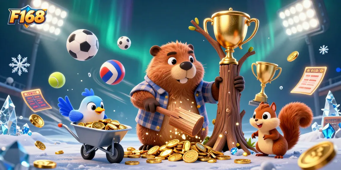 F168 players enjoy thrilling wins as the beaver and companions collect golden treasures in this vibrant casino scene.
