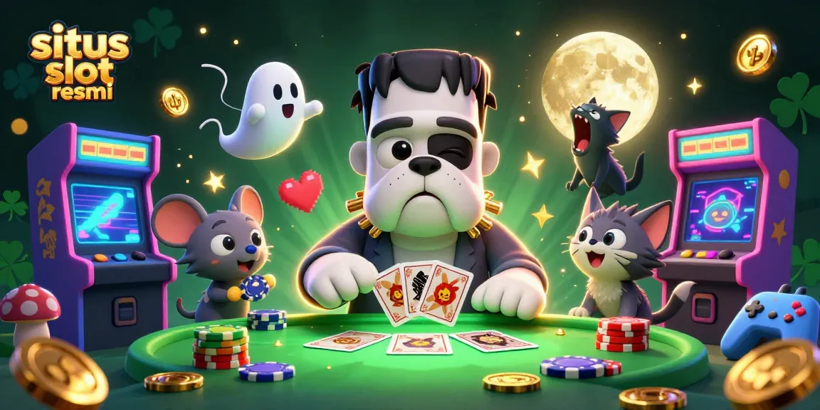 Engage with situs slot resmi as the Frankenstein bulldog monster deals cards at a green-lit casino table, surrounded by dynamic game elements.