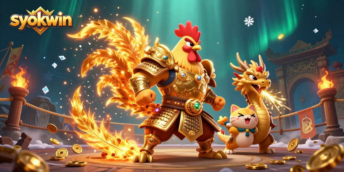 Engage with syokwin in an epic battle illustration featuring unique casino warriors and dynamic game elements.