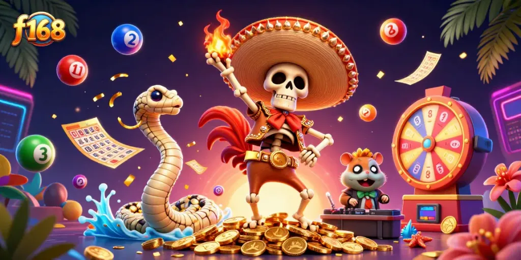 Experience the excitement of f168 casino gaming with vibrant characters and dynamic lottery elements.