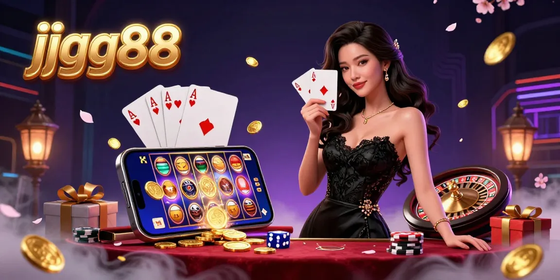 Experience thrilling gameplay at jjgg88 with elegant Asian woman and ace cards in a vibrant casino scene.