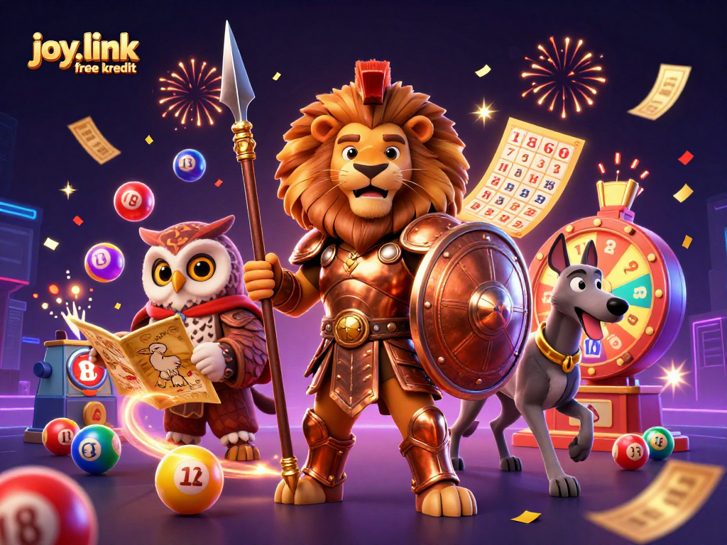 Engage with joy.link free kredit and vibrantly illustrated scene filled with lottery elements and dynamic action.