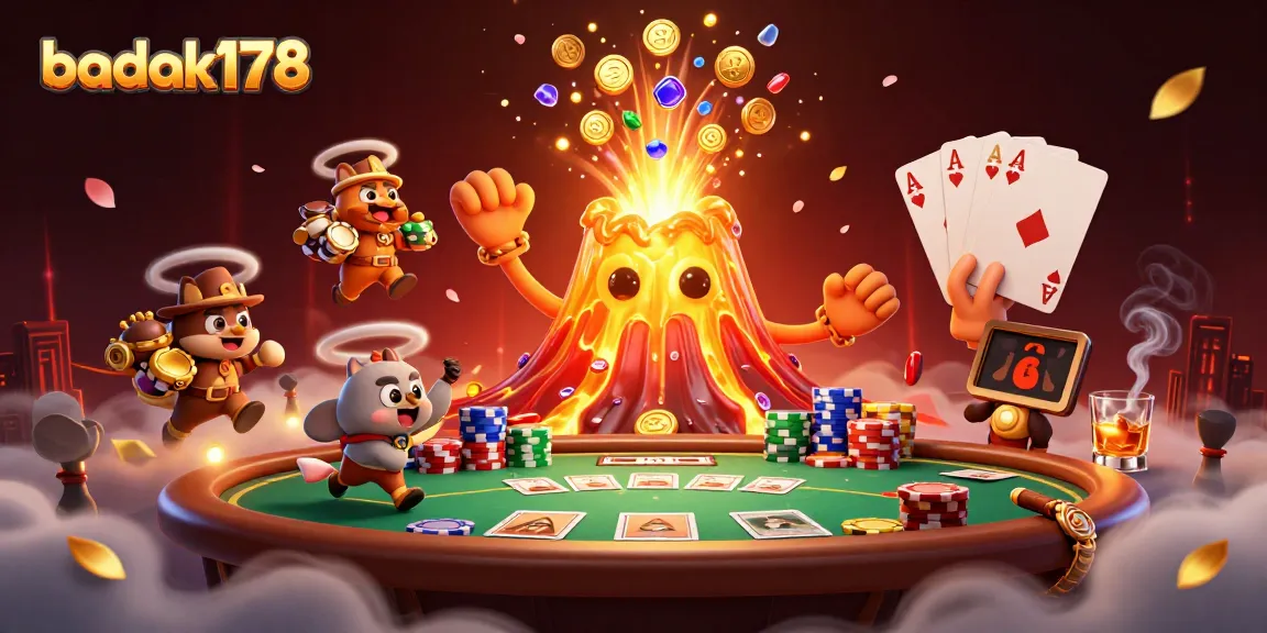Experience the excitement of badak178 casino gaming with a dynamic 3D illustration of treasures and poker elements.