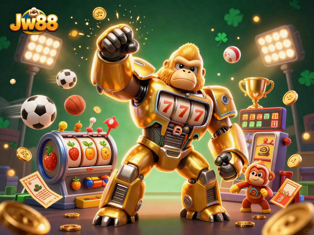 Experience thrilling gaming action with Jw88, featuring a golden gorilla mech and dynamic casino elements.