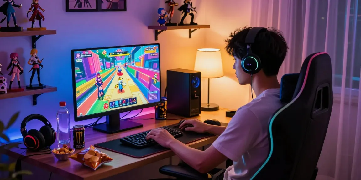 Gamer engaged in an ecchi game, vibrant bedroom setup with anime decor and cozy lighting.