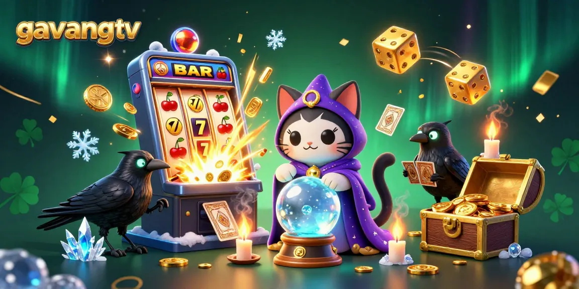 Experience the thrill of winning at gavangtv with a vibrant casino scene featuring a mystic cat and raven.