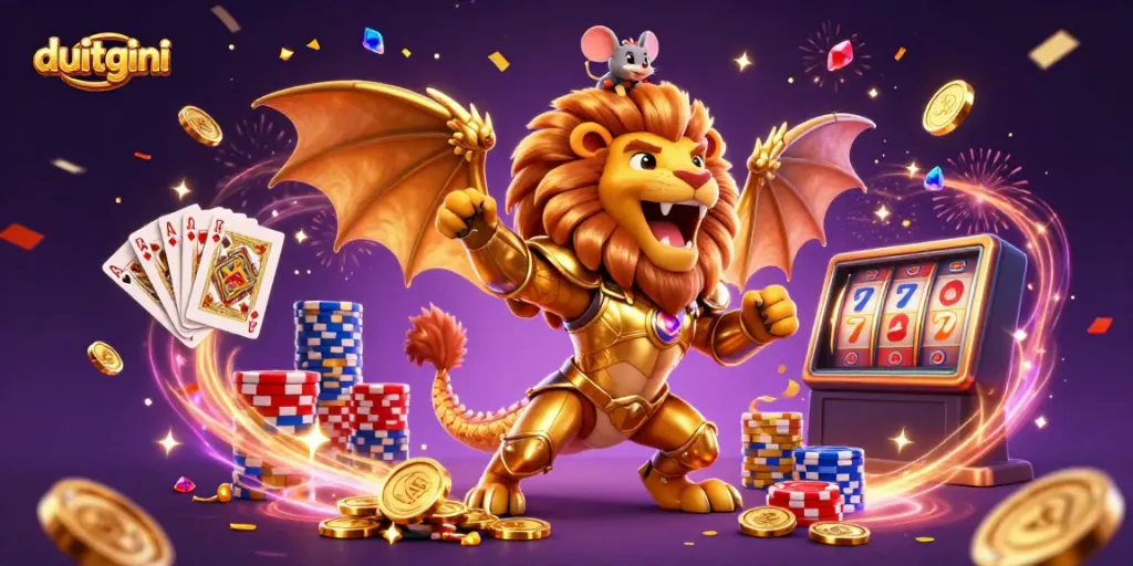 Experience the excitement of duitgini with a 3D chimera, lucky coins, and vibrant casino elements.