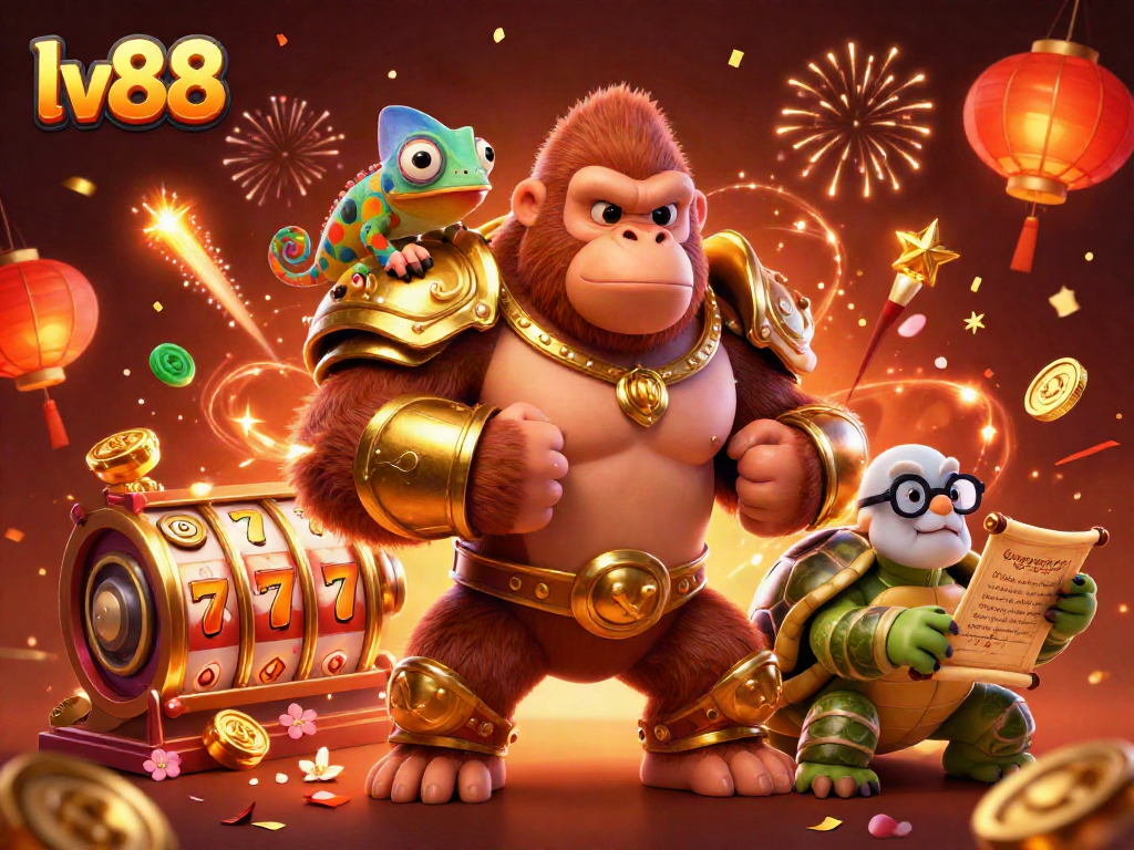 Engage with LV88 slots in a vibrant 3D carnival of luck showcasing a gorilla king and colorful companion.