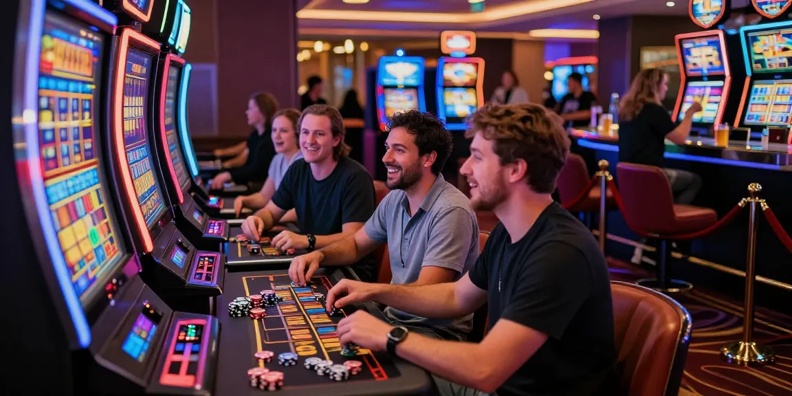 Excitement around an illuminated slot machine featuring slot gacor malam ini in a vibrant casino atmosphere.
