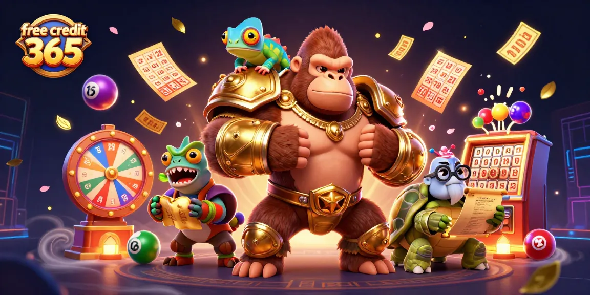 Experience thrilling casino excitement with free credit 365 as colorful lottery elements and playful characters engage in gambling.