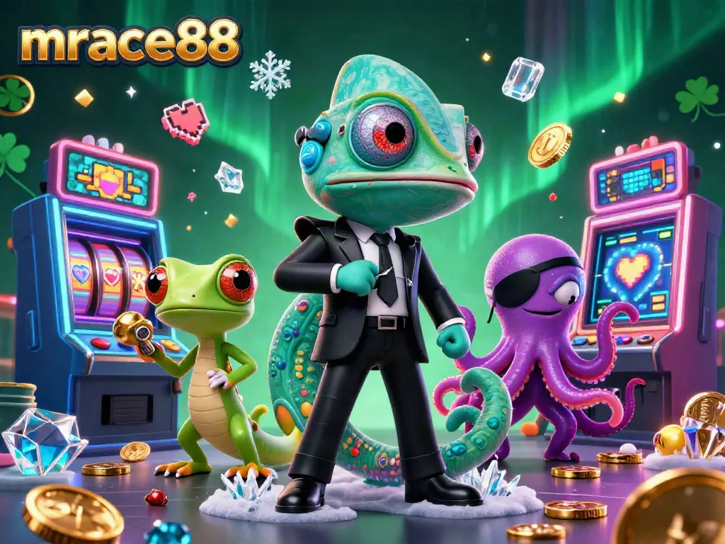 Engage with slots and vibrant games at mrace88, featuring a cartoon theme with dynamic characters and glowing elements.