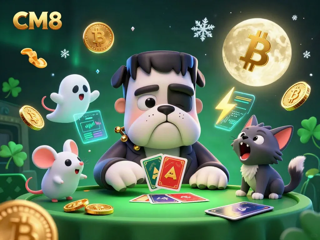 Engage in thrilling gaming at CM8 with a cartoon bulldog dealer and crypto elements in a vibrant casino scene.