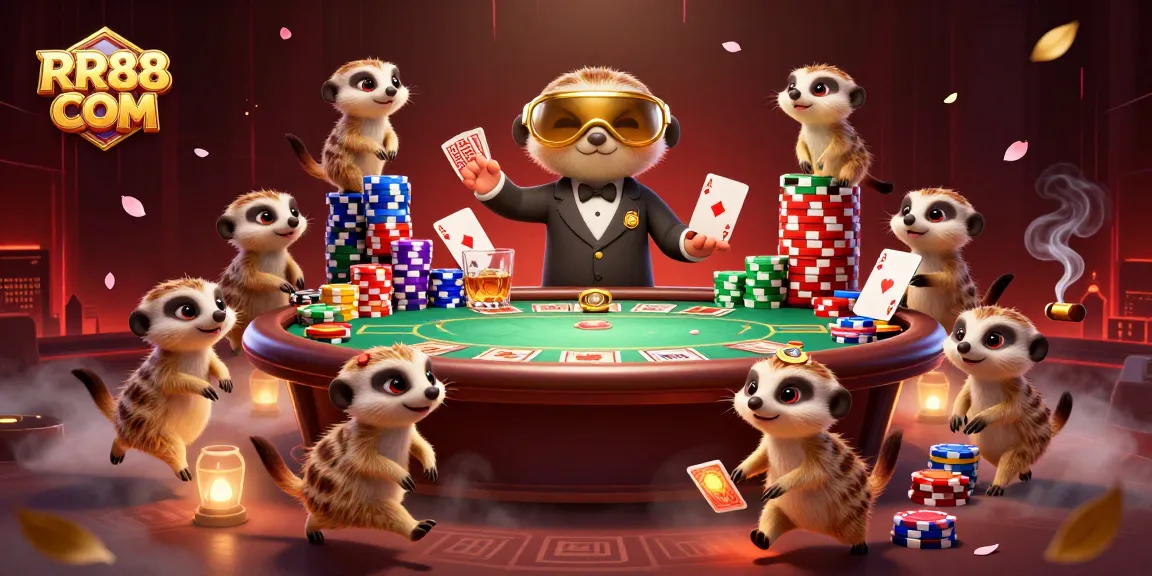 Engage in thrilling gameplay at RR88 COM with a vibrant casino scene featuring meerkats in action.