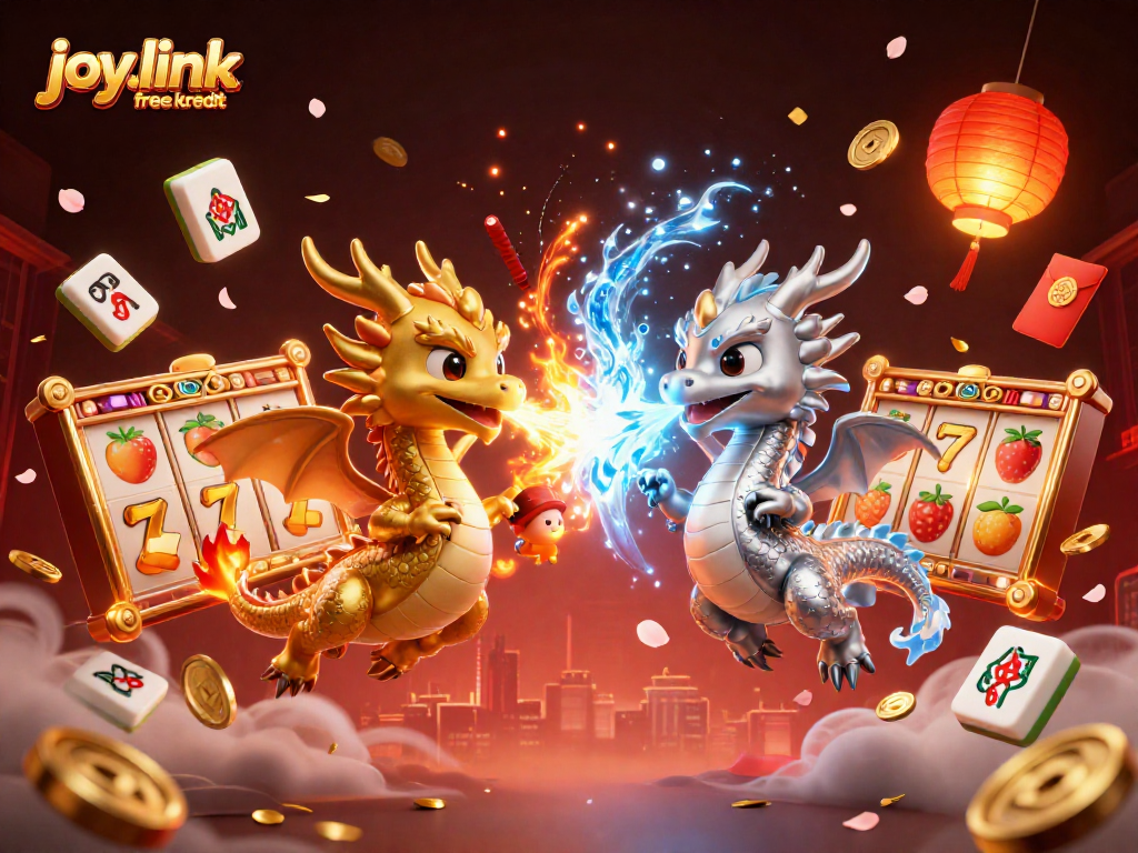 Win big with joy.link free kredit in this colorful fantasy casino scene featuring dragons and rich game elements.