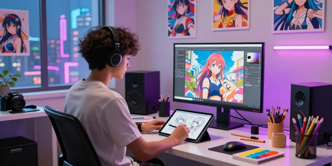 AI ecchi art character in a creative digital studio, showcasing vibrant artwork and inspiring atmosphere.