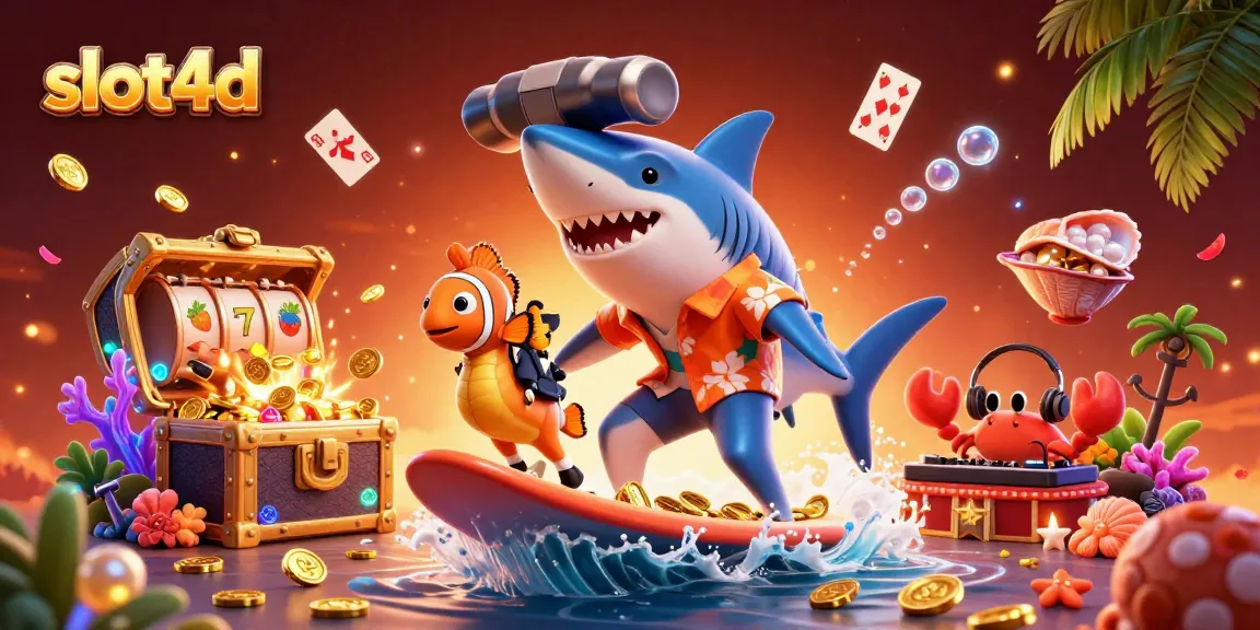 Engage with slot4d in an exciting underwater casino scene featuring a shark, clownfish, and crab DJ.